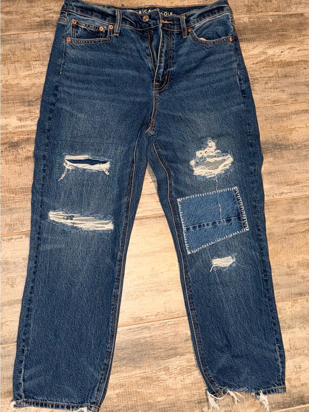 American Eagle Distressed Blue Denim Jeans with Patchwork